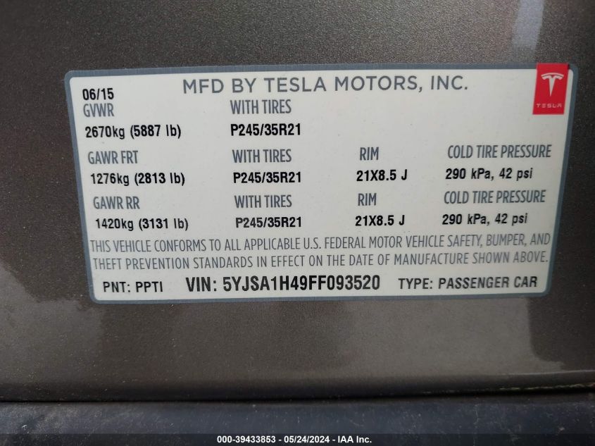 2015 Tesla Model S 85D/P85D VIN: 5YJSA1H49FF093520 Lot: 39433853