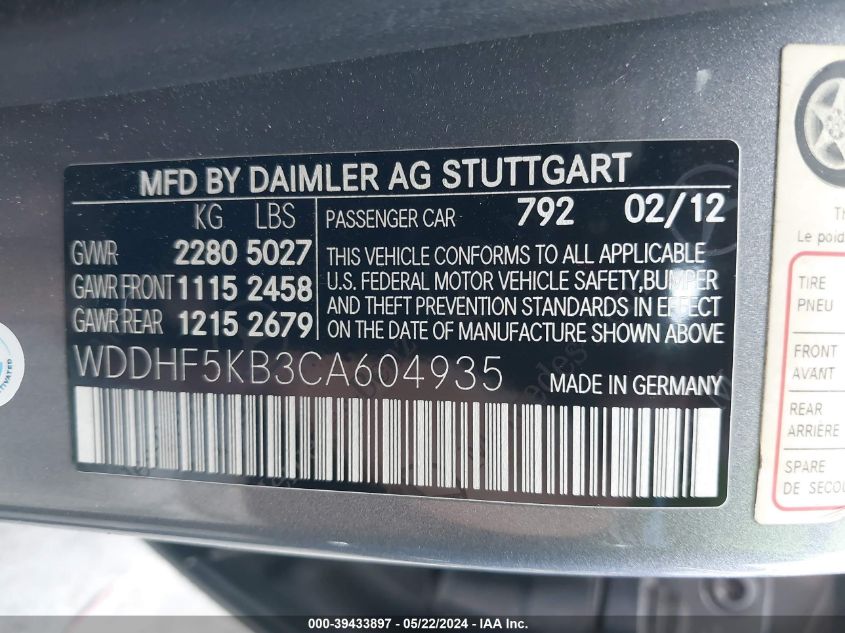 2012 Mercedes-Benz E 350 VIN: WDDHF5KB3CA604935 Lot: 39433897