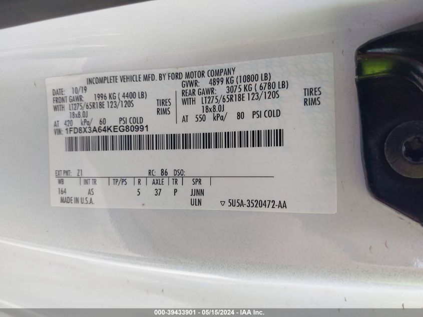 2019 Ford Super Duty F-350 Srw Xl/Xlt/Lariat VIN: 1FD8X3A64KEG80991 Lot: 39433901