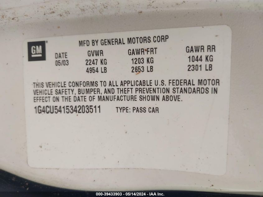 2003 Buick Park Avenue Ultra VIN: 1G4CU541534203511 Lot: 39433903