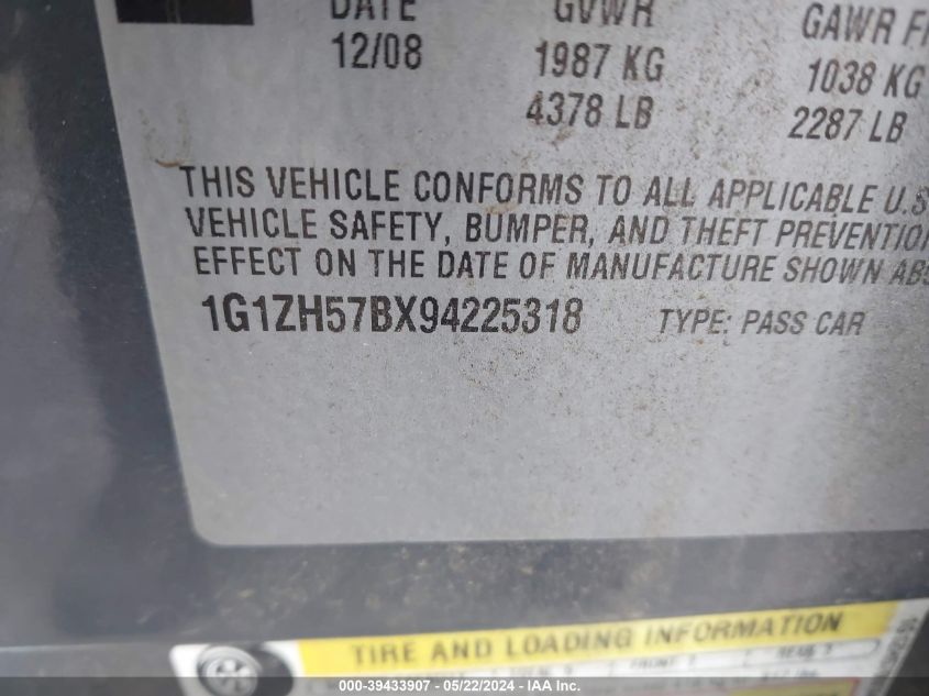 2009 Chevrolet Malibu Lt VIN: 1G1ZH57BX94225318 Lot: 39433907