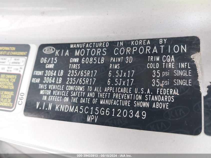 2016 KIA SEDONA L - KNDMA5C15G6120349