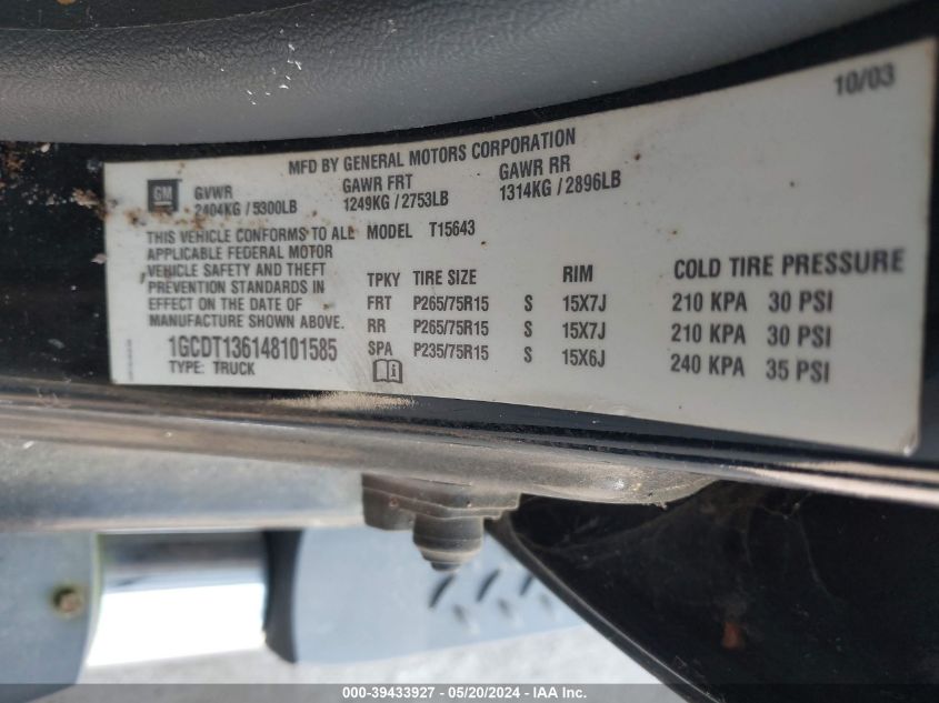 2004 Chevrolet Colorado Ls VIN: 1GCDT136148101585 Lot: 39433927