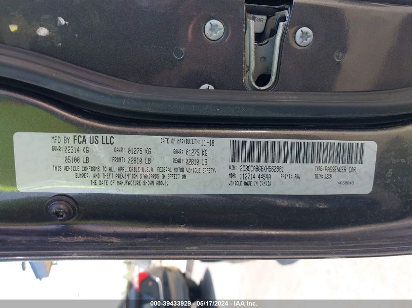2019 Chrysler 300 300S VIN: 2C3CCABG8KH562901 Lot: 39433929