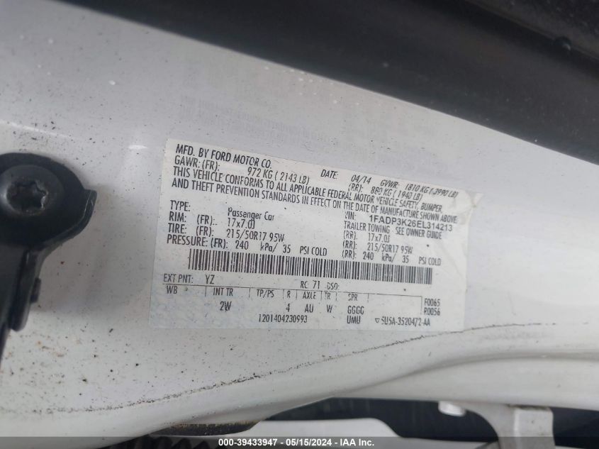 2014 Ford Focus Se VIN: 1FADP3K26EL314213 Lot: 39433947