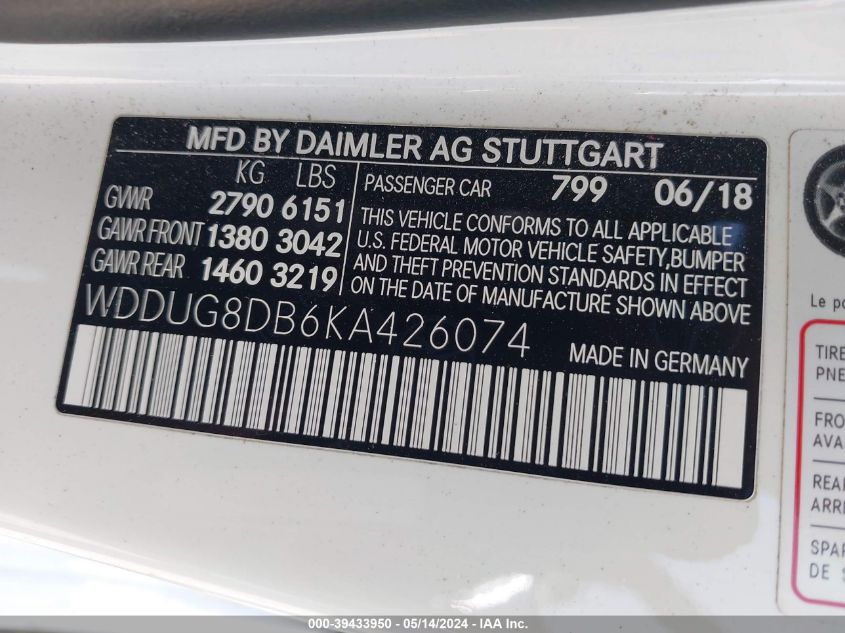 2019 Mercedes-Benz S 560 VIN: WDDUG8DB6KA426074 Lot: 39433950