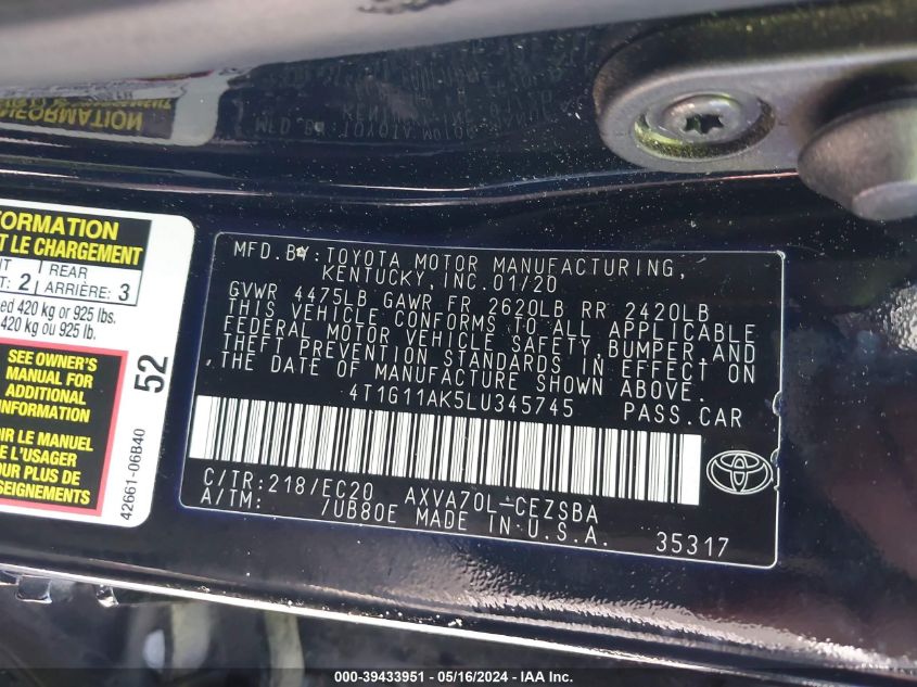 2020 Toyota Camry Se Nightshade Edition VIN: 4T1G11AK5LU345745 Lot: 39433951