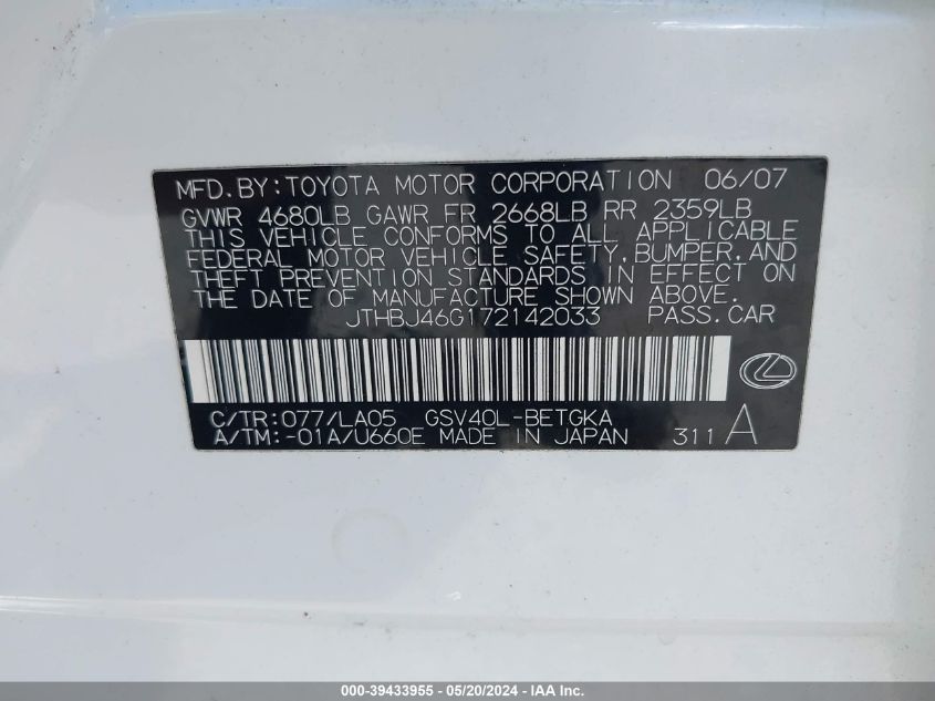 2007 Lexus Es 350 VIN: JTHBJ46G172142033 Lot: 39433955