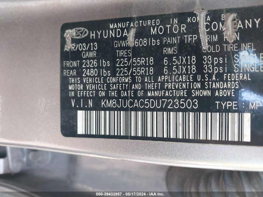2013 Hyundai Tucson Gls/Limited VIN: KM8JUCAC5DU723503 Lot: 39433957