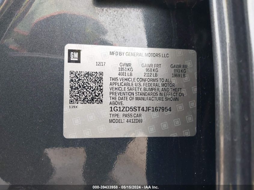 2018 Chevrolet Malibu Lt VIN: 1G1ZD5ST4JF167954 Lot: 39433958