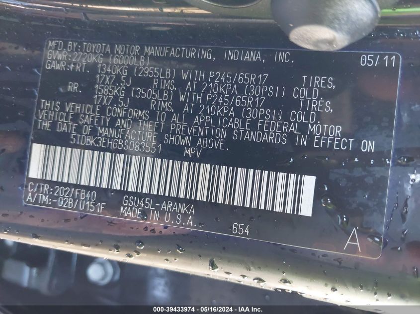 2011 Toyota Highlander Base V6 VIN: 5TDBK3EH6BS083551 Lot: 39433974