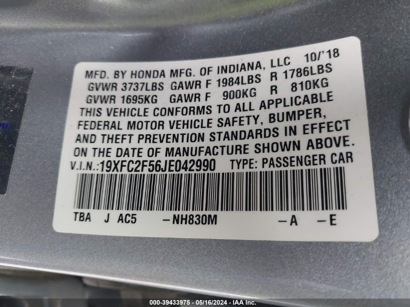2018 Honda Civic Lx VIN: 19XFC2F56JE042990 Lot: 39433975