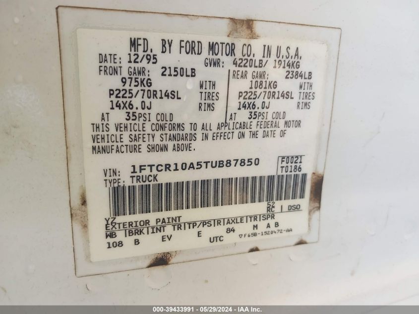 1996 Ford Ranger VIN: 1FTCR10A5TUB87850 Lot: 39433991