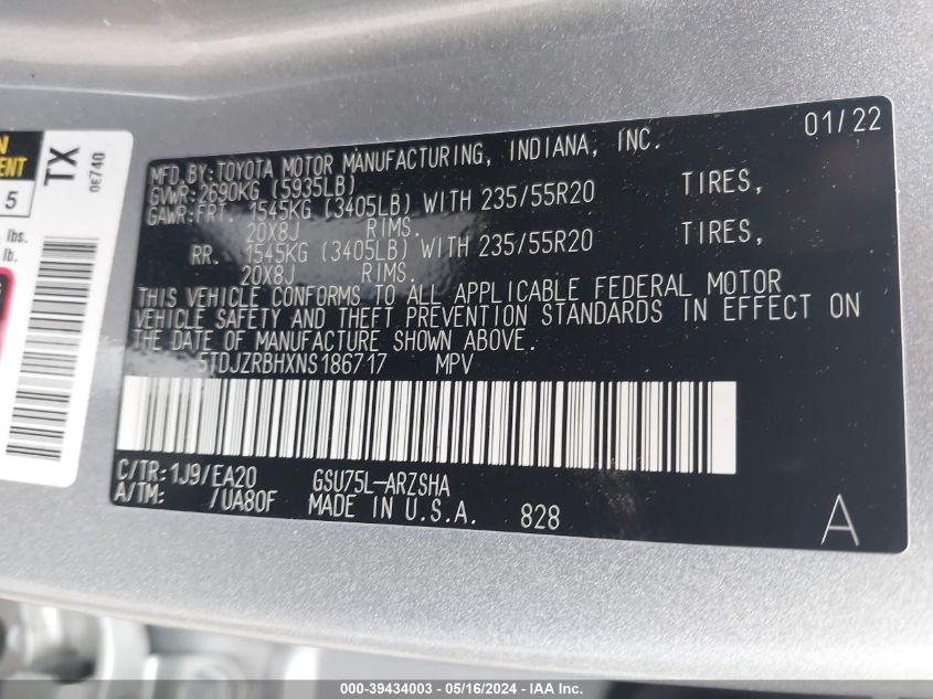 2022 Toyota Highlander Xse VIN: 5TDJZRBHXNS186717 Lot: 39434003