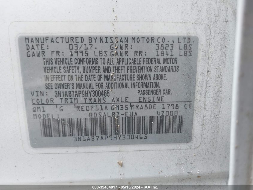 2017 Nissan Sentra S VIN: 3N1AB7AP9HY300465 Lot: 39434017