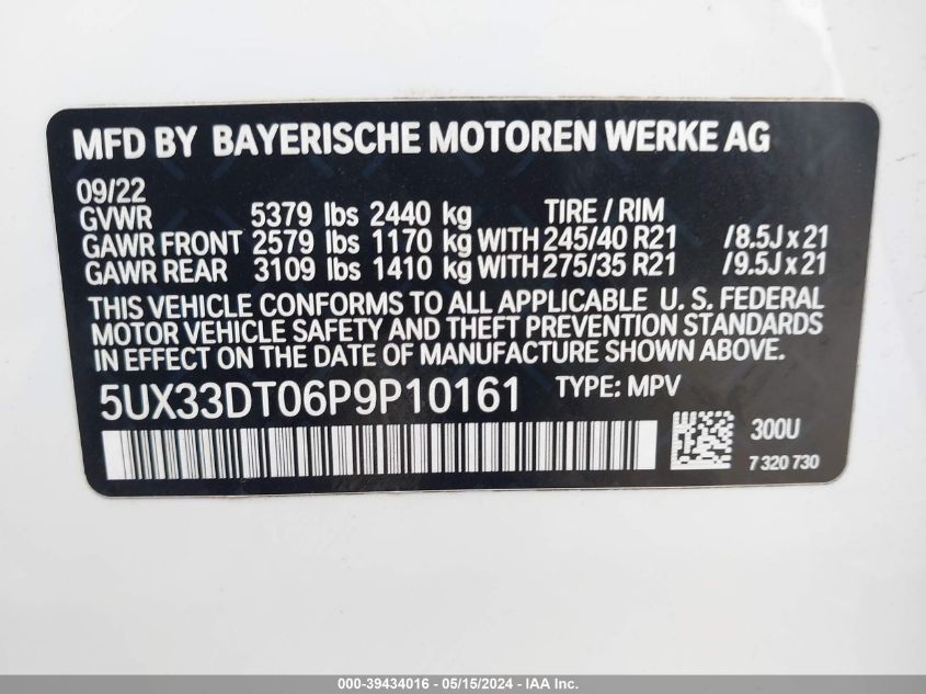 2023 BMW X4 xDrive30I VIN: 5UX33DT06P9P10161 Lot: 39434016