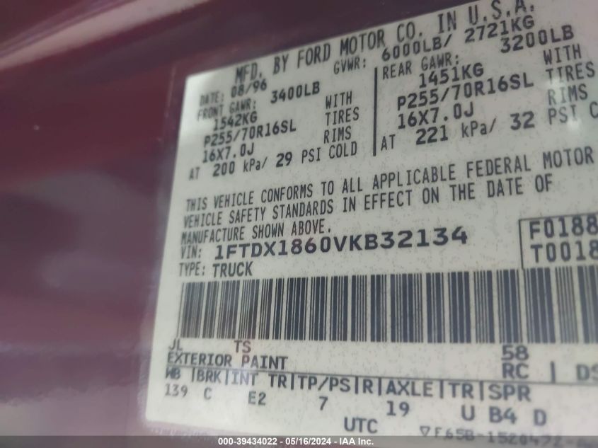 1997 Ford F-150 Lariat/Xl/Xlt VIN: 1FTDX1860VKB32134 Lot: 39434022