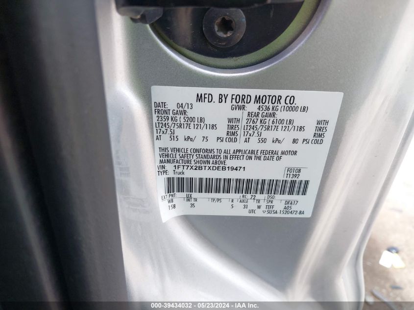 2013 Ford F-250 Xlt VIN: 1FT7X2BTXDEB19471 Lot: 39434032
