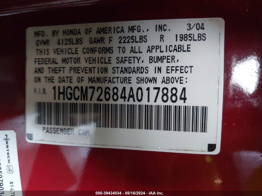 2004 Honda Accord 2.4 Ex VIN: 1HGCM72684A017884 Lot: 39434034