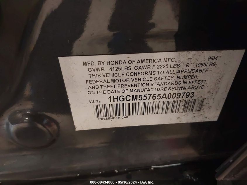 2005 Honda Accord 2.4 Ex VIN: 1HGCM55765A009793 Lot: 39434060