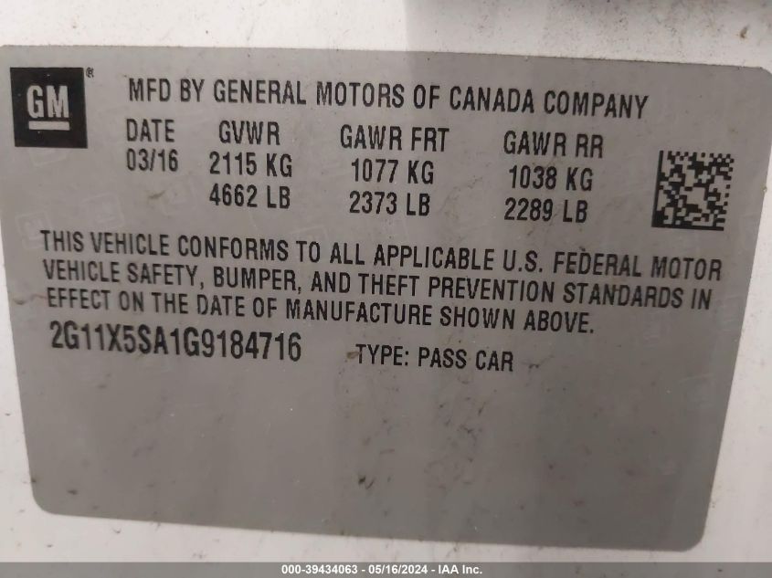 2016 Chevrolet Impala 1Fl VIN: 2G11X5SA1G9184716 Lot: 39434063