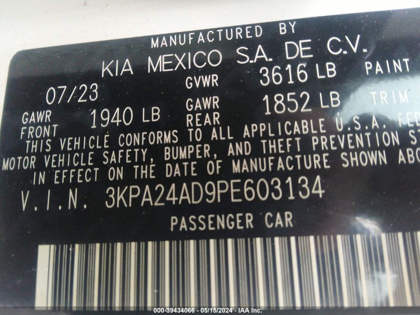 2023 Kia Rio Lx VIN: 3KPA24AD9PE603134 Lot: 39434066