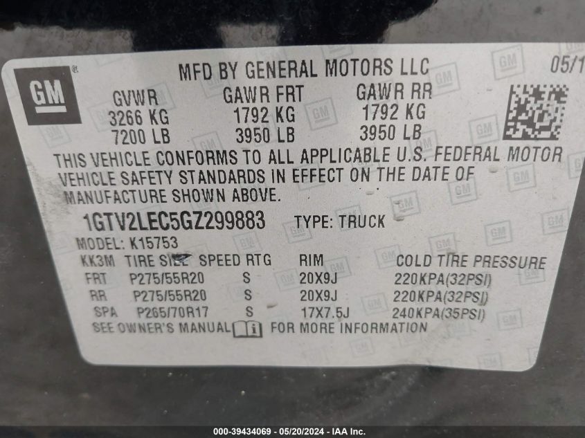 2016 GMC Sierra 1500 VIN: 1GTV2LEC5GZ299883 Lot: 39434069