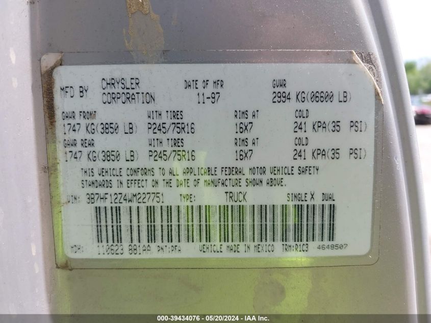 1998 Dodge Ram 1500 St VIN: 3B7HF12Z4WM227751 Lot: 39434076