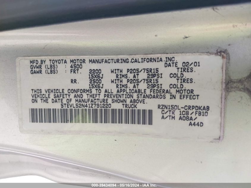 2001 Toyota Tacoma VIN: 5TEVL52N41Z791220 Lot: 39434094