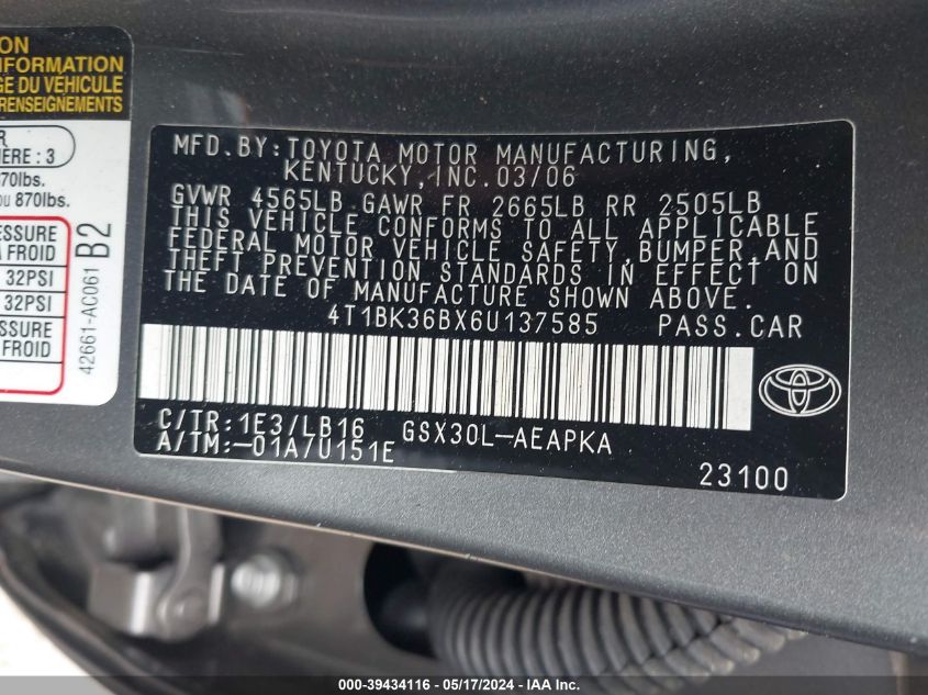 2006 Toyota Avalon Limited VIN: 4T1BK36BX6U137585 Lot: 39434116