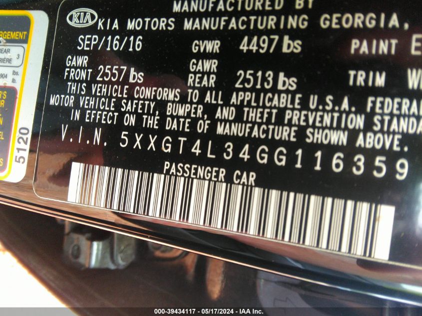 2016 Kia Optima Lx VIN: 5XXGT4L34GG116359 Lot: 39434117