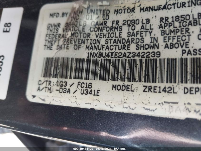 2010 Toyota Corolla Le VIN: 1NXBU4EE2AZ342239 Lot: 39434120