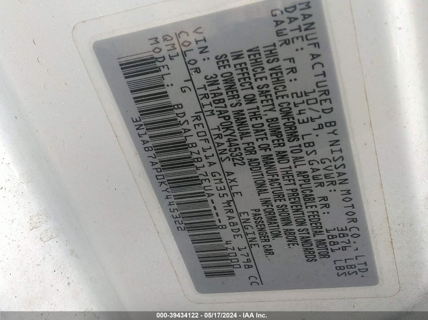 3N1AB7AP0KY445322 2019 Nissan Sentra S