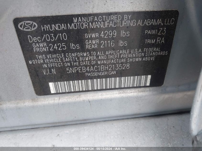 2011 Hyundai Sonata Gls VIN: 5NPEB4AC1BH213528 Lot: 39434124