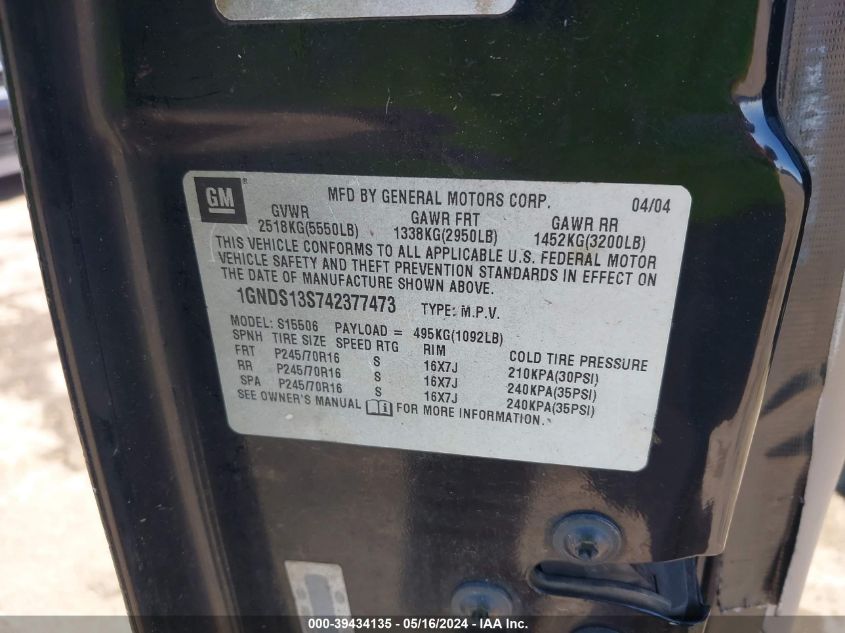 2004 Chevrolet Trailblazer Ls VIN: 1GNDS13S742377473 Lot: 39434135