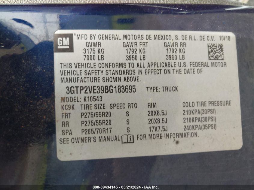 2011 GMC Sierra 1500 Sle VIN: 3GTP2VE39BG183695 Lot: 39434145