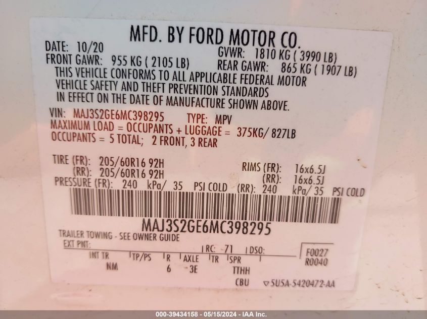 MAJ3S2GE6MC398295 2021 Ford Ecosport Se