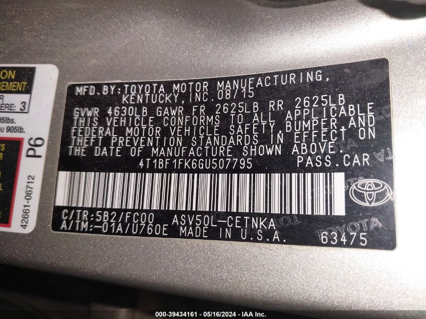 2016 Toyota Camry Le VIN: 4T1BF1FK6GU507795 Lot: 39434161