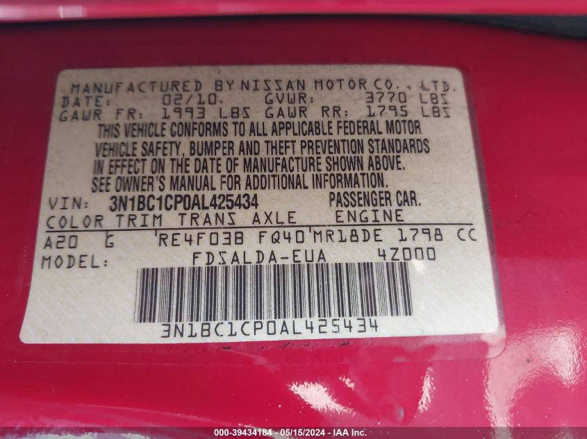 2010 Nissan Versa 1.8S VIN: 3N1BC1CP0AL425434 Lot: 39434184