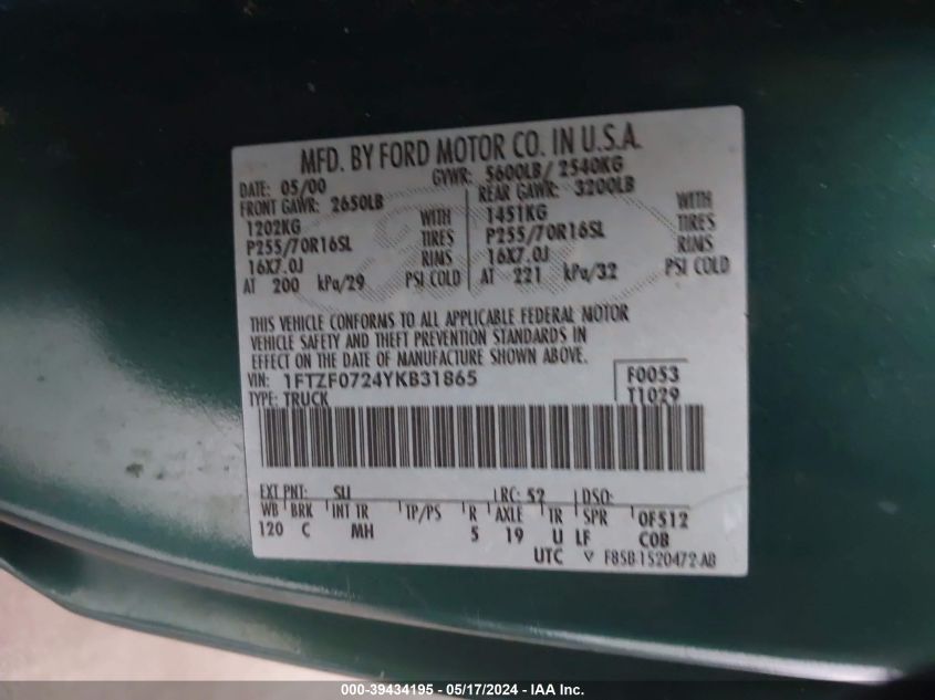 2000 Ford F-150 Xl/Xlt VIN: 1FTZF0724YKB31865 Lot: 39434195