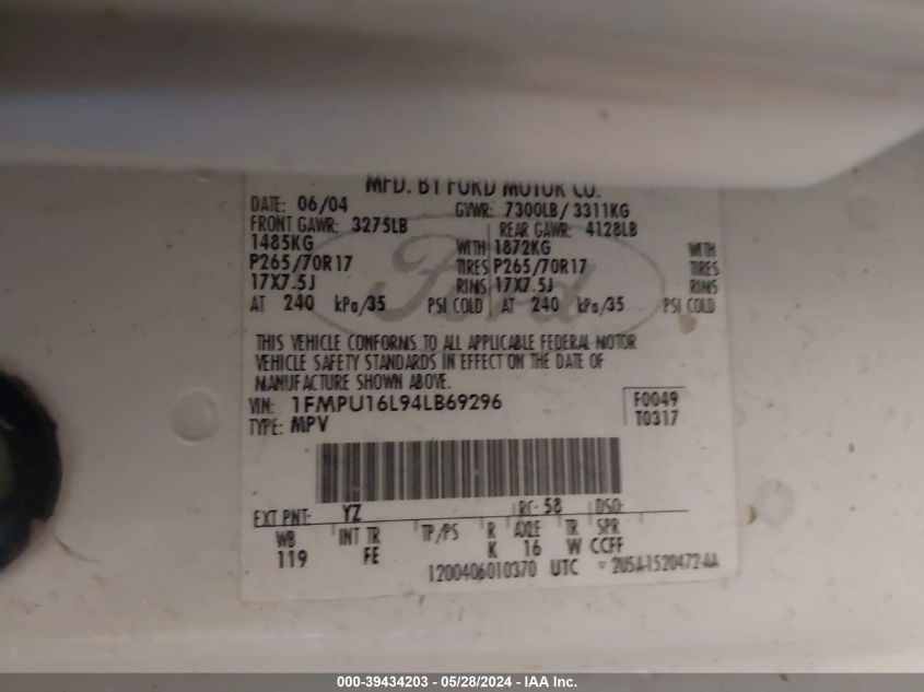 2004 Ford Expedition Nbx/Xlt VIN: 1FMPU16L94LB69296 Lot: 39434203