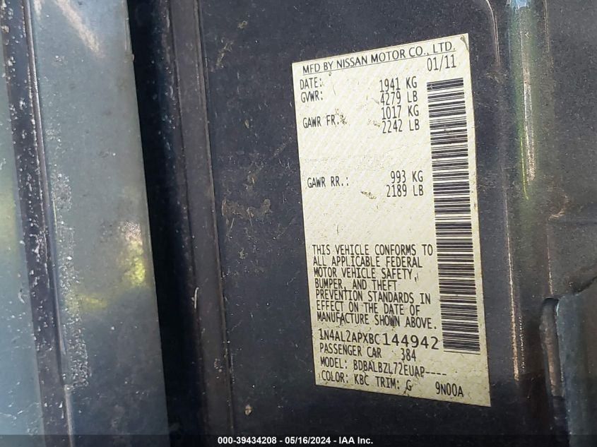 2011 Nissan Altima 2.5 S VIN: 1N4AL2APXBC144942 Lot: 39434208