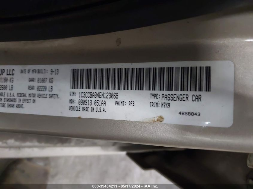 2014 Chrysler 200 Lx VIN: 1C3CCBAB4EN123069 Lot: 39434211