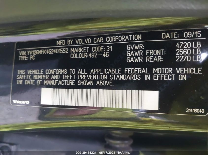 2016 Volvo S60 T5 Drive-E Premier VIN: YV126MFK4G2401552 Lot: 39434224