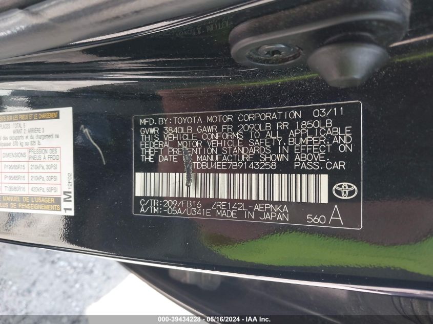 2011 Toyota Corolla Le VIN: JTDBU4EE7B9143258 Lot: 39434228