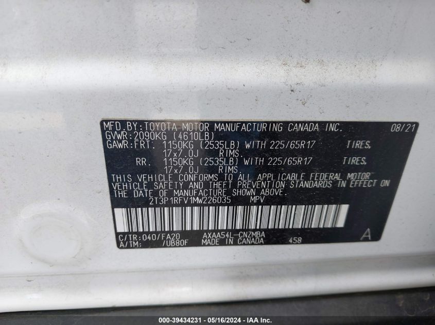 2021 Toyota Rav4 Xle VIN: 2T3P1RFV1MW226035 Lot: 39434231