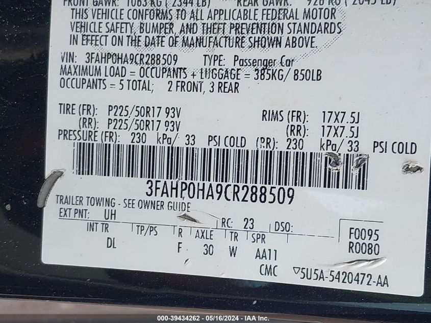 2012 Ford Fusion Se VIN: 3FAHP0HA9CR288509 Lot: 39434262