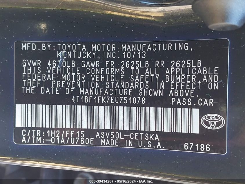 2014 Toyota Camry Se VIN: 4T1BF1FK7EU751078 Lot: 39434267