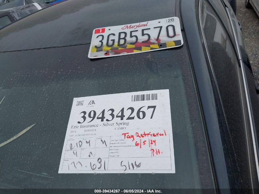 2014 Toyota Camry Se VIN: 4T1BF1FK7EU751078 Lot: 39434267