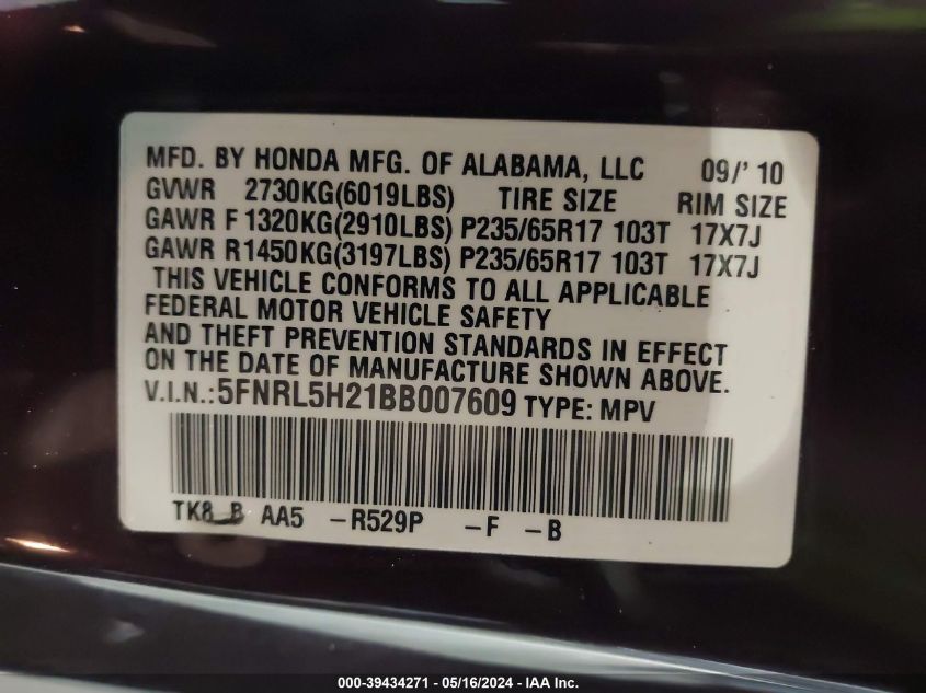 2011 Honda Odyssey Lx VIN: 5FNRL5H21BB007609 Lot: 39434271